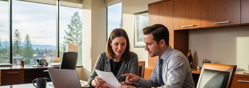 Small business owners reviewing loan documents in a Bend, Oregon office with mountain views