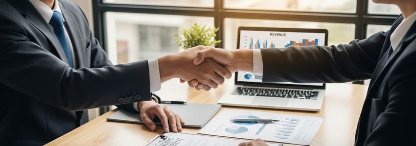 Business owners discussing revenue-based financing options