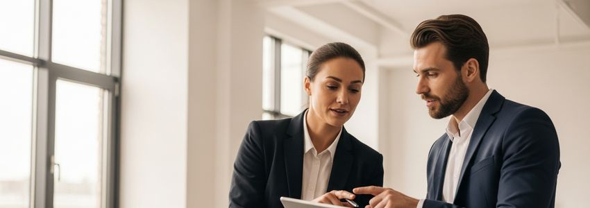 Two business professionals reviewing online business loan options on a tablet in a modern office