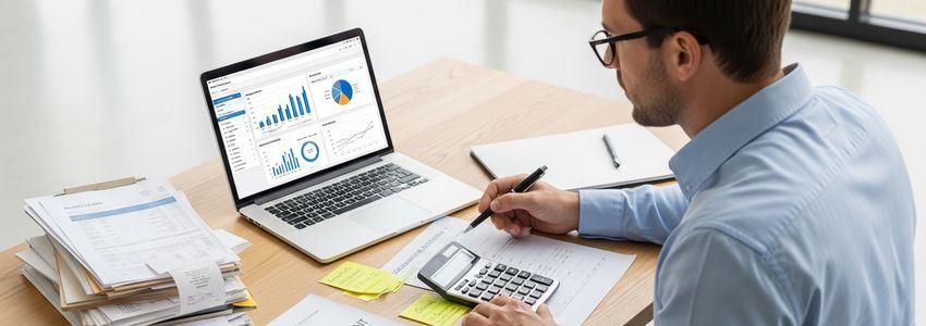 Small business owner comparing loan rates on laptop