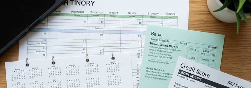 Business desk with calendar, bank statements and credit report for loan timing planning