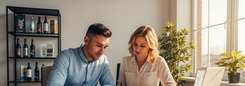 Beverage company owners reviewing business loan documents in a professional office setting
