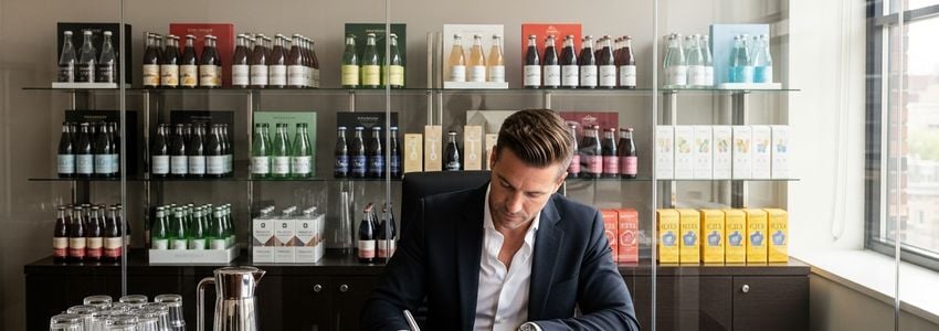 Beverage distribution business owner signing financing documents at office desk with beverage cases in background