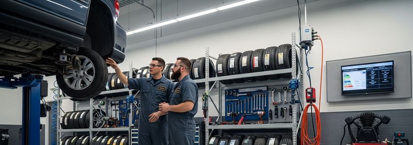 Automotive technicians working inside a Big O Tires service bay with professional equipment