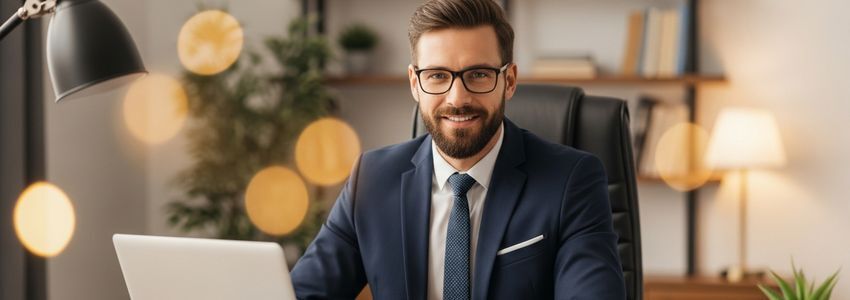 Business professional reviewing invoice financing documents at an office desk