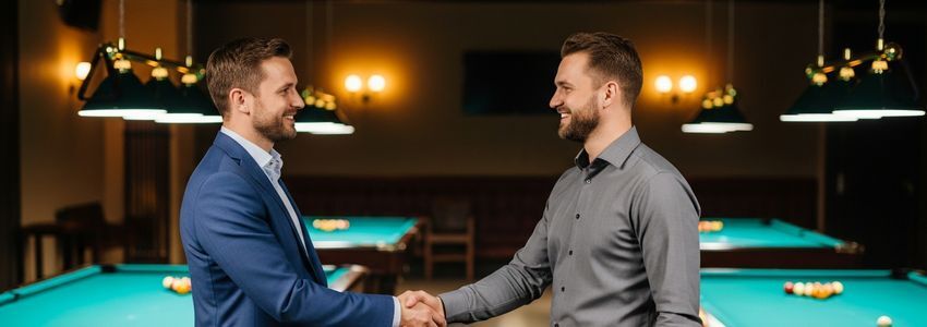 Billiard hall owner reviewing business loan financing options with pool tables in the background
