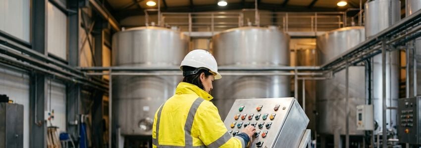 Industrial biodiesel production facility with storage tanks and processing equipment