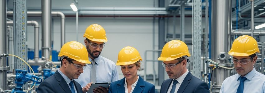 Biofuel industry professionals reviewing production data and equipment at a commercial bioenergy facility