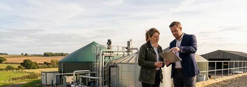 Farm owner and technician reviewing anaerobic digester equipment financing plans at a biogas facility