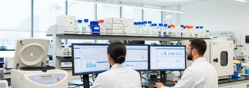 Biotech scientists reviewing research data on computers in a modern laboratory setting