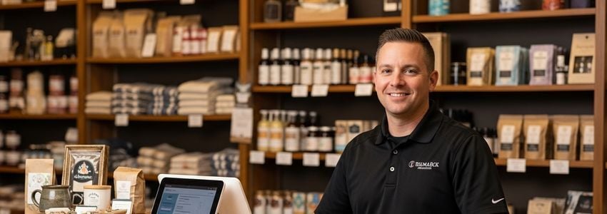 Small business owner at retail shop in Bismarck, North Dakota reviewing financing options