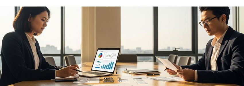 Business owner reviewing credit card statements with financial advisor at office table