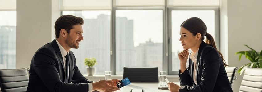 Business professional reviewing corporate credit card options with a colleague in a modern office