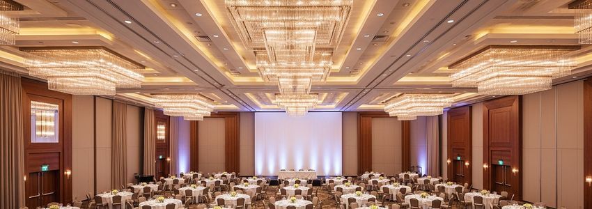 Corporate event venue set up for a business gala, illustrating how companies use credit lines to fund sponsorship and event costs