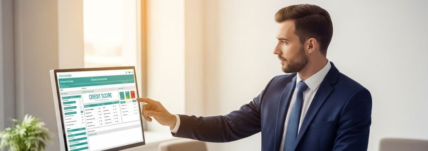 Business professional reviewing business credit score dashboard on computer monitor in modern office