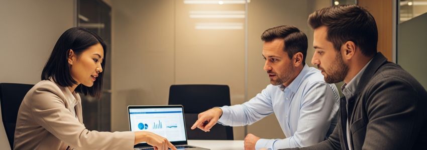 Business owner reviewing efficiency metrics on a laptop in a modern office setting