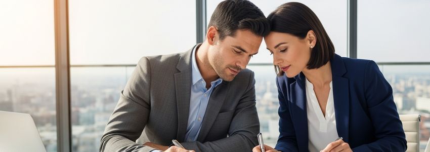 Business professionals reviewing expense tracking spreadsheets and financial data together