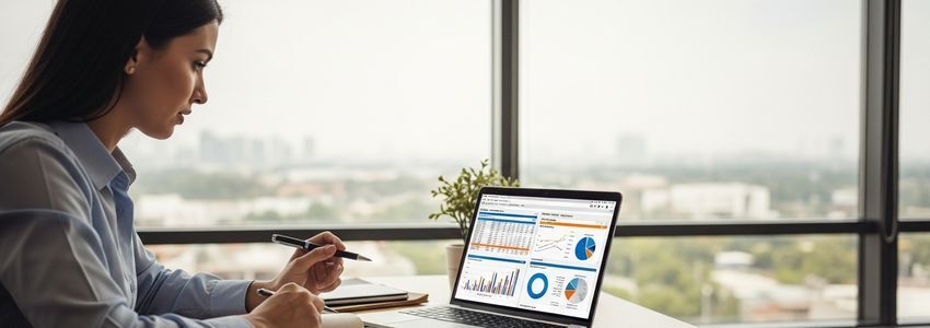 Financial software dashboards and charts on a laptop screen showing business finance automation tools