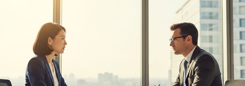 Small business professionals discussing insurance options in a modern office conference room