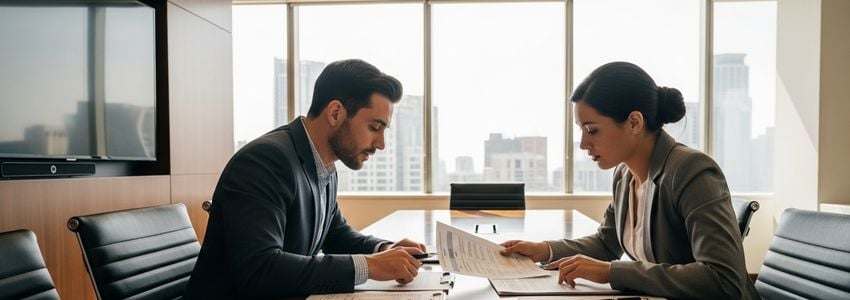Two business professionals reviewing loan refinancing documents together in a modern office setting