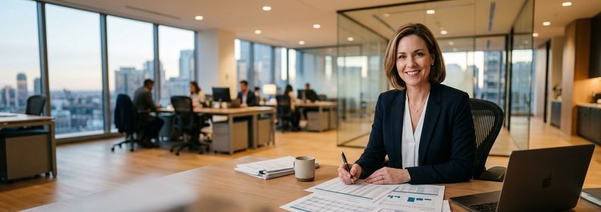 Business professional reviewing loan requirements and financing documents at an office desk