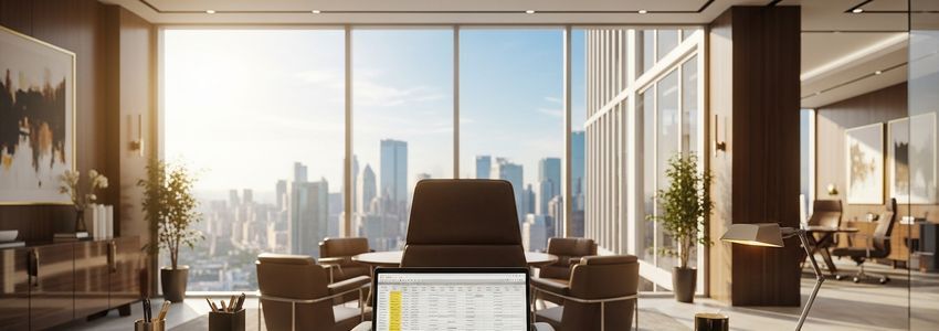 Business owner reviewing financial documents and line of credit options at office desk
