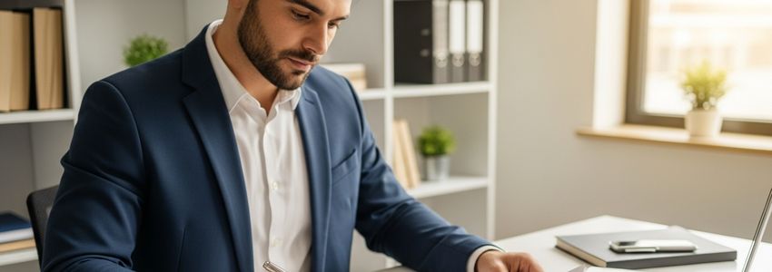 Business owner reviewing loan documents at a professional office desk