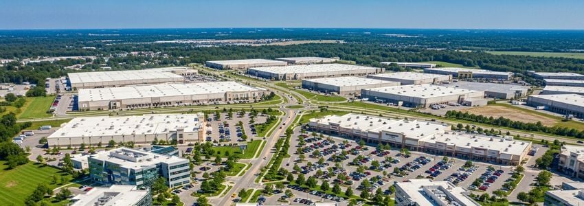 Aerial view of multiple commercial properties financed under a blanket mortgage