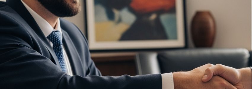 Real estate investor and lender reviewing blanket mortgage documents for multiple properties