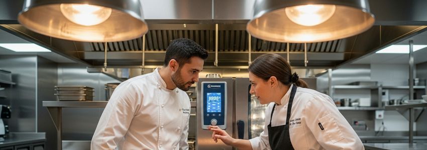 Restaurant kitchen manager reviewing digital display panel on a commercial blast chiller