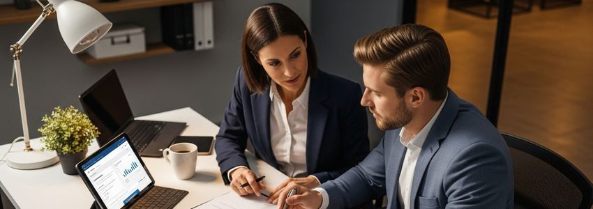 Business owner reviewing Blaze Pizza franchise financing documents with a lending advisor at an office desk