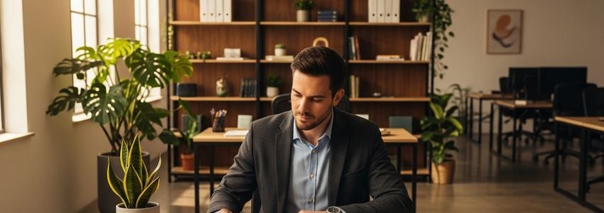 Business owner reviewing financing options between a business line of credit and home equity line at a modern office