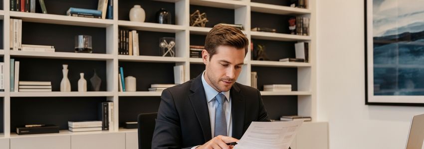 Business professional reviewing blockchain lending technology documentation and financial data