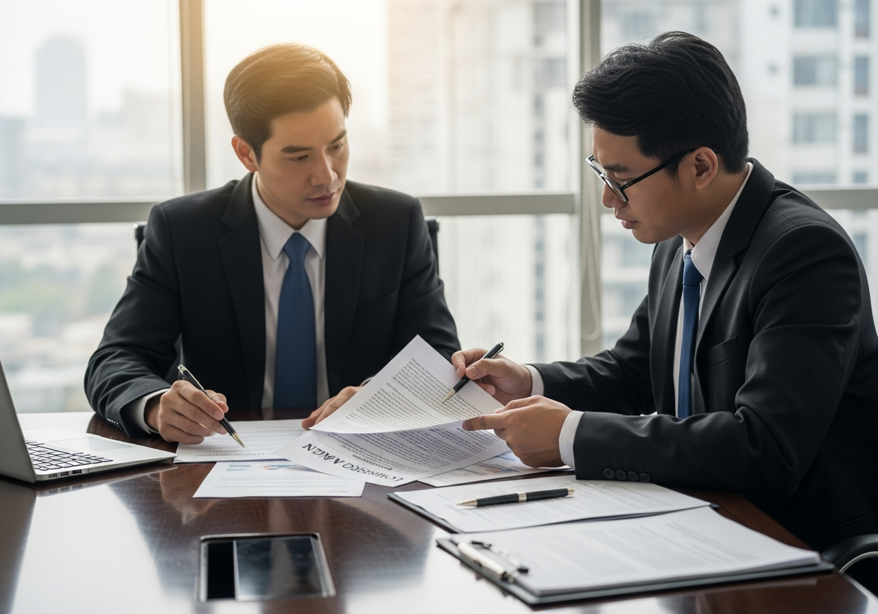 Two business professionals discussing small business loan options at a conference table