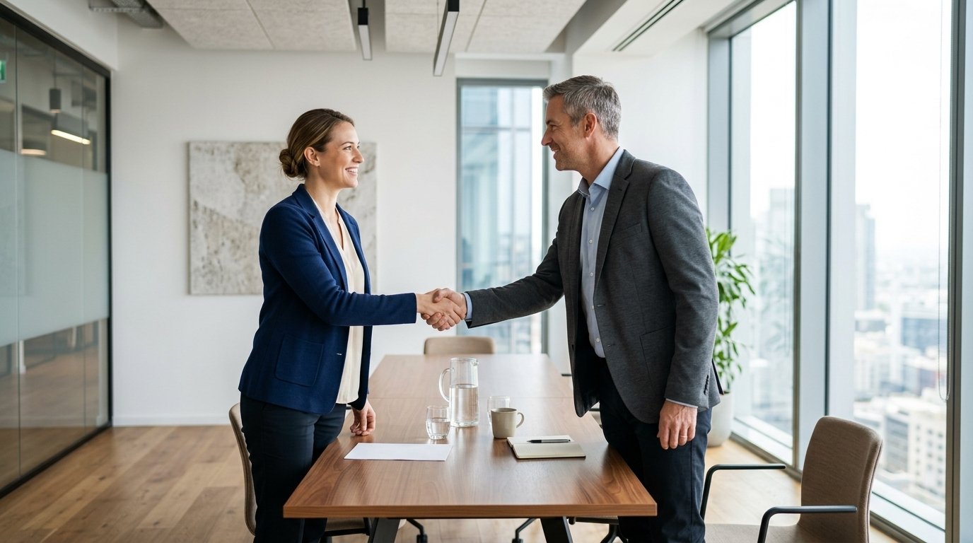 Business professional reviewing plumbing company financing documents in a modern office