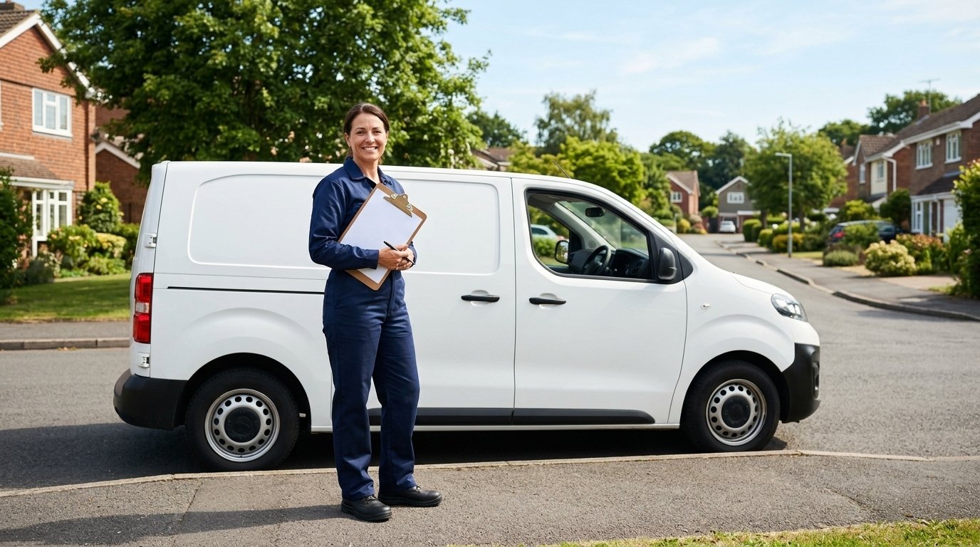 Plumbing contractor standing next to service van in a residential neighborhood