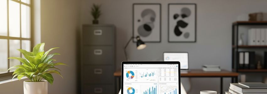 Small business office workspace with laptop showing financial charts and business planning documents