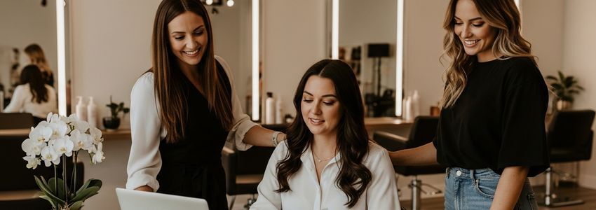 Blow dry bar owner reviewing business loan documents at a professional salon office