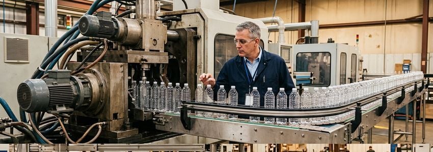 Industry professional inspecting plastic bottles coming off a blow molding production line