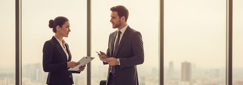 Business professionals reviewing financing options and loan documents in a modern office