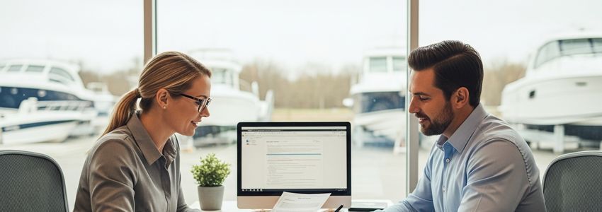Boat dealer reviewing financing options with a lending specialist at a marine dealership