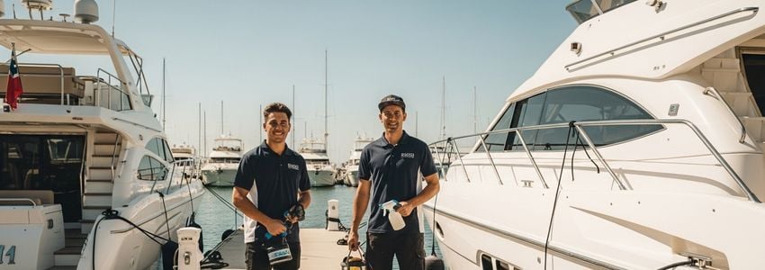 Boat detailing business professionals at a marina reviewing financing options