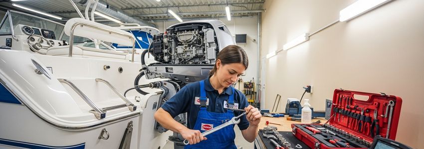 Marine technician working on a boat engine in a professional repair shop with specialized tools and equipment