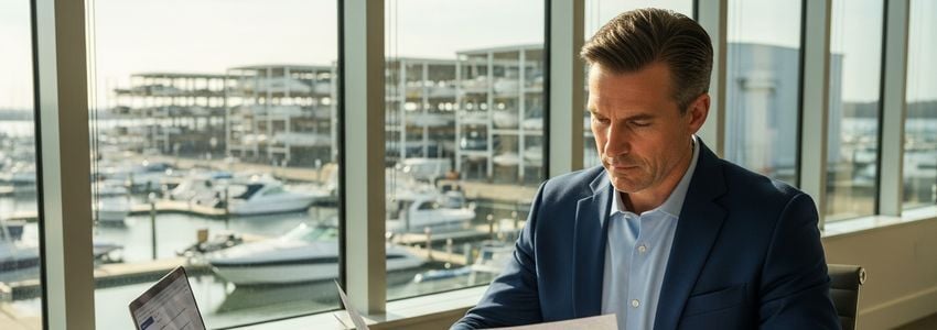 Boat storage facility owner reviewing loan documents at office desk