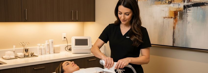 Body contouring professional performing non-invasive treatment in a modern medspa
