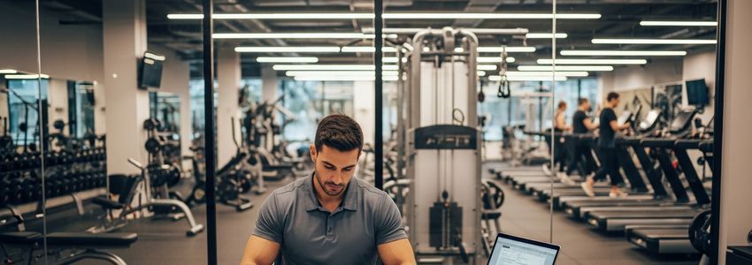 Bodybuilding gym owner reviewing business loan financing documents at desk inside fitness center