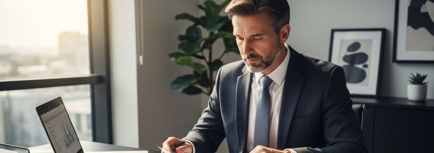 Boiler service business owner reviewing financing options and loan documents in office