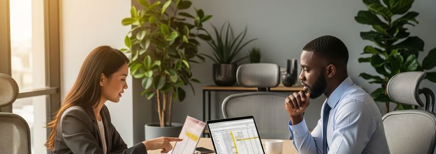 Bookkeeping company owner reviewing financial documents and growth plans for their accounting firm