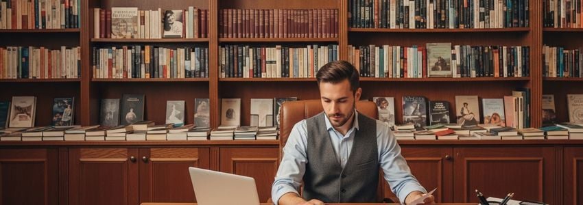 Bookstore owner reviewing financing options and financial documents at a desk in a bookstore office