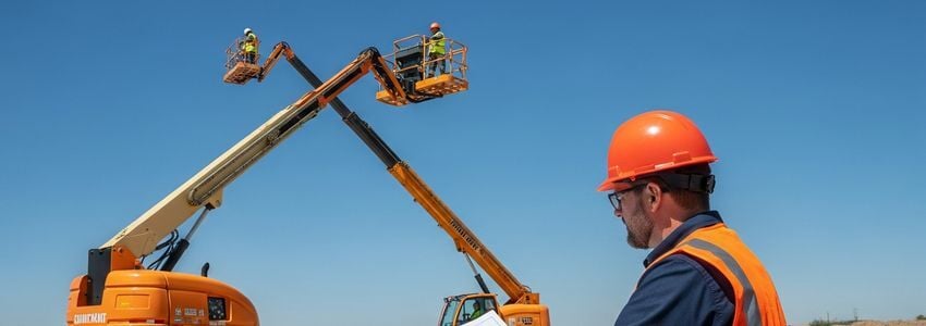 Construction project manager reviewing boom lift financing options at a job site with boom lifts operating in the background